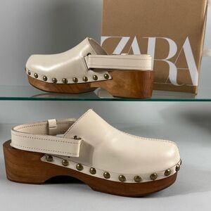 Zara Studded Leather Clogs in Ecru